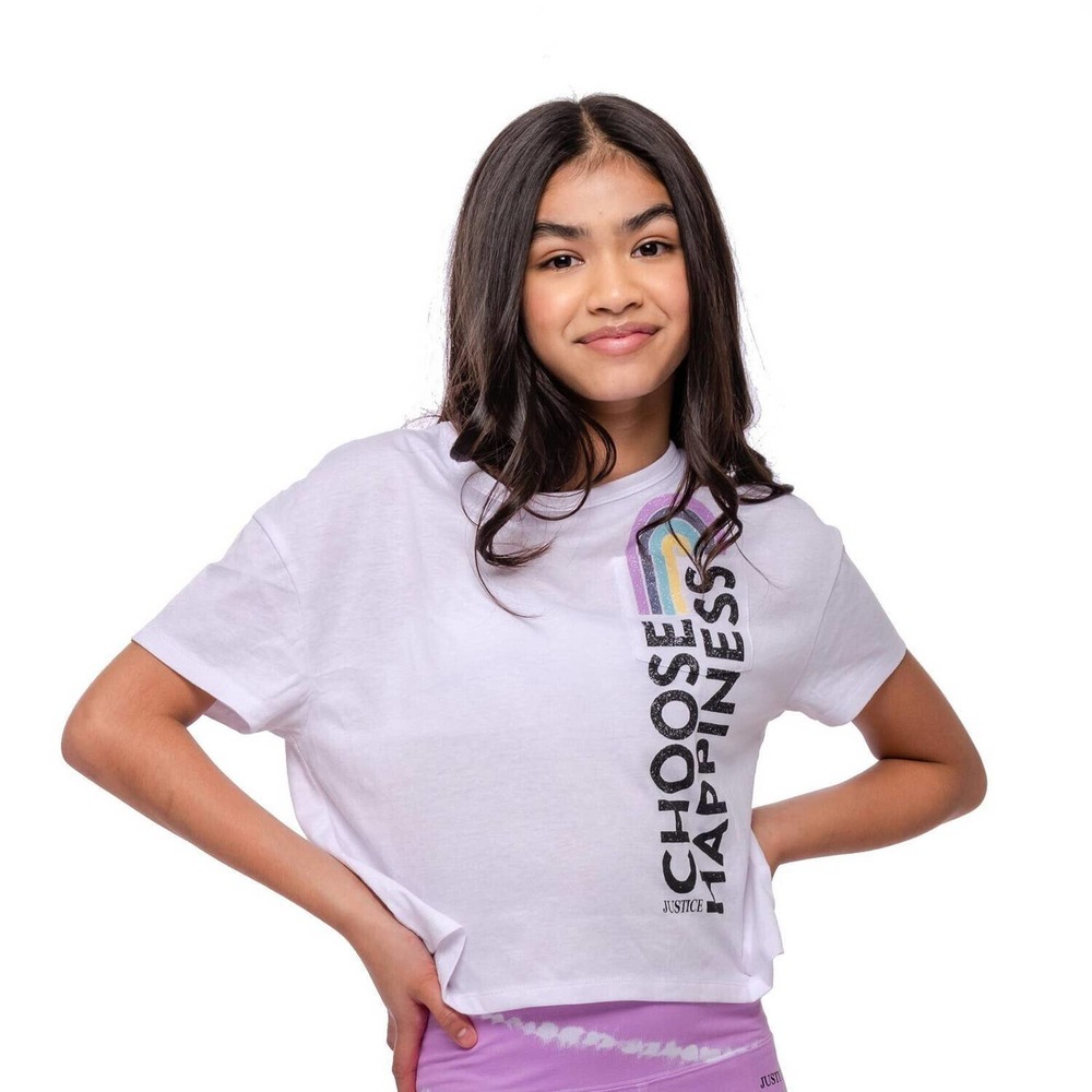 Girls XL 16/18 Justice Crop Choose Happiness Rainbow Glitter Short Sleeve TShirt